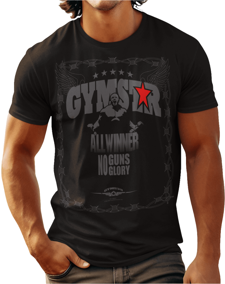 A man wearing black Gymstar tee with a red and black graphic that reads 'No Guns No glory' and has a big star and a Man lifting dumbbellsl, presumably bodybulding or fitness.