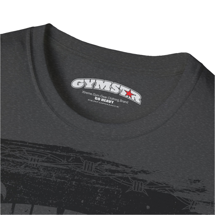 A grey Gymstar tee with a red and black graphic that reads 'No Guns No glory' and has a big star and a Man lifting dumbbellsl, presumably bodybulding or fitness. Logo close up view.