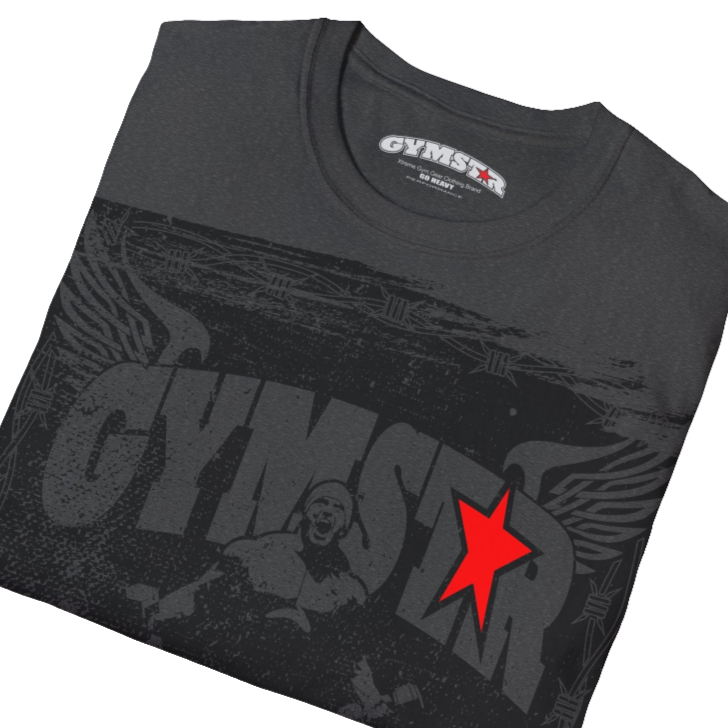 A grey Gymstar tee with a red and black graphic that reads 'No Guns No glory' and has a big star and a Man lifting dumbbellsl, presumably bodybulding or fitness. Close up view.