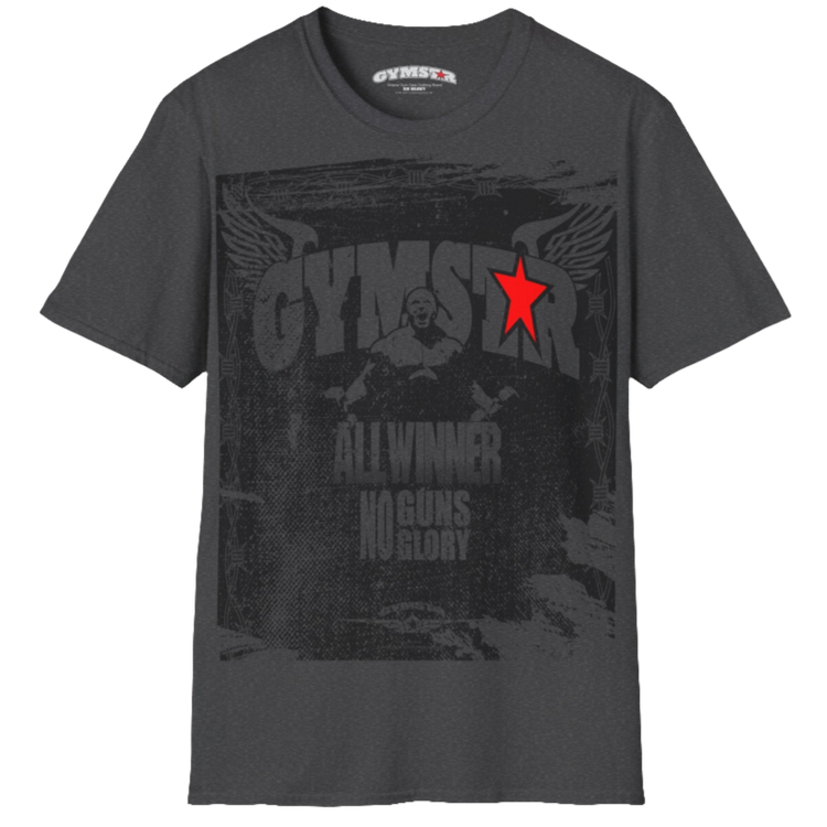 A grey Gymstar tee with a red and black graphic that reads 'No Guns No glory' and has a big star and a Man lifting dumbbellsl, presumably bodybulding or fitness. Front view.