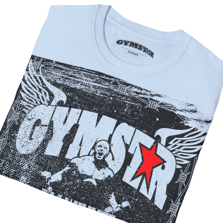 A Carolina blue Gymstar tee with a red and black graphic that reads 'No Guns No glory' and has a big star and a Man lifting dumbbellsl, presumably bodybulding or fitness. Close up view.