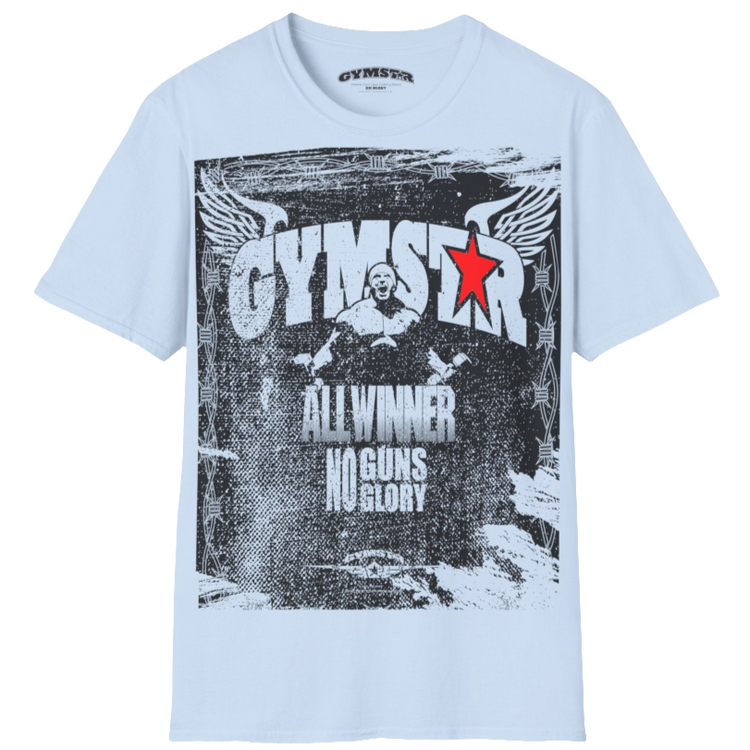 A Carolina Blue Gymstar tee with a red and black graphic that reads 'No Guns No glory' and has a big star and a Man lifting dumbbellsl, presumably bodybulding or fitness. Front view.