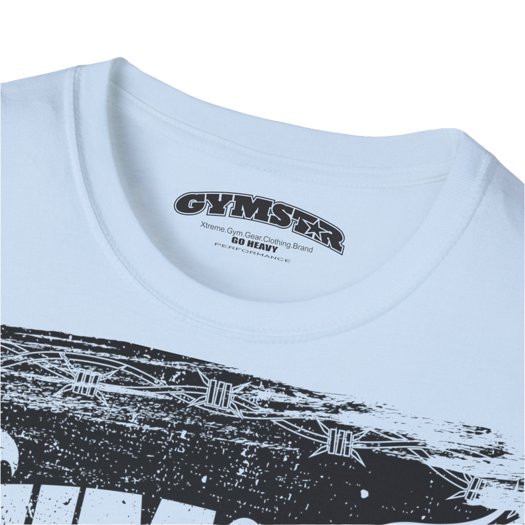 A Carolina blue Gymstar tee with a red and black graphic that reads 'No Guns No glory' and has a big star and a Man lifting dumbbellsl, presumably bodybulding or fitness.  Logo Close up view.