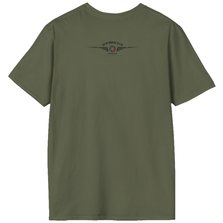 A military grey Gymstar tee with a red and black graphic that reads 'No Guns No glory' and has a big star and a Man lifting dumbbellsl, presumably bodybulding or fitness. Rear view.