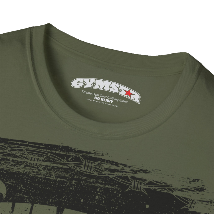 A militari green Gymstar tee with a red and black graphic that reads 'No Guns No glory' and has a big star and a Man lifting dumbbellsl, presumably bodybulding or fitness. Logo Close up view.