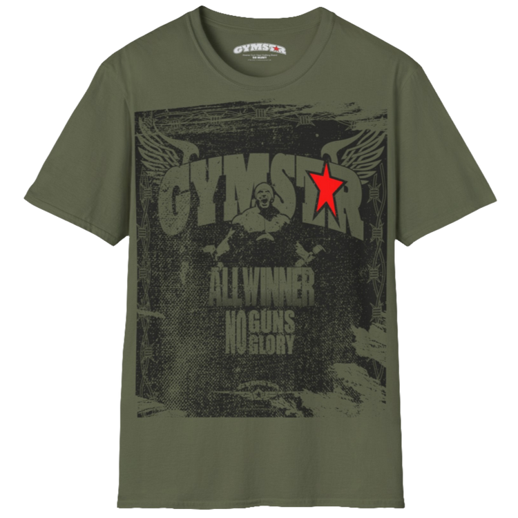 A military green Gymstar tee with a red and black graphic that reads 'No Guns No glory' and has a big star and a Man lifting dumbbellsl, presumably bodybulding or fitness. Front view.