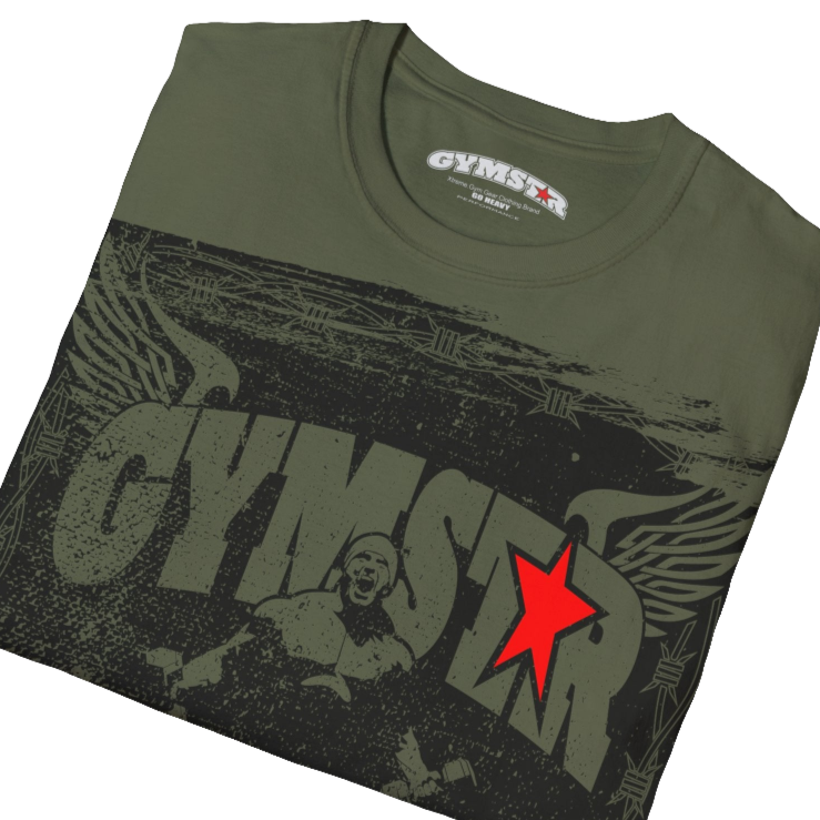 A militari green Gymstar tee with a red and black graphic that reads 'No Guns No glory' and has a big star and a Man lifting dumbbellsl, presumably bodybulding or fitness. Close up view.