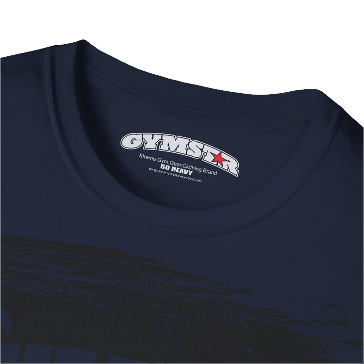 A navy blue Gymstar tee with a red and black graphic that reads 'No Guns No glory' and has a big star and a Man lifting dumbbellsl, presumably bodybulding or fitness. Logo Close up view.
