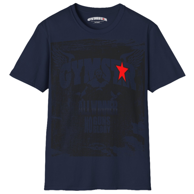 A white Gymstar tee with a red and black graphic that reads 'No Guns No glory' and has a big star and a Man lifting dumbbellsl, presumably bodybulding or fitness. Front view.