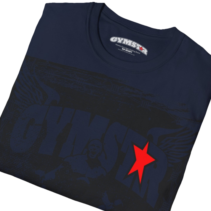 A navy blue Gymstar tee with a red and black graphic that reads 'No Guns No glory' and has a big star and a Man lifting dumbbellsl, presumably bodybulding or fitness. Close up view.