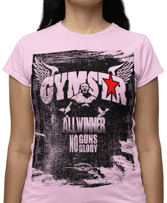 The image shows awoman wearing  a black sports t-shirt Gymstar with the text 'GYMSTAR Allwiner No Guns No glory ' and a bodybuilder graphics and logo. Front close up view.