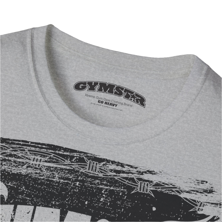 A silver grey Gymstar tee with a red and black graphic that reads 'No Guns No glory' and has a big star and a Man lifting dumbbellsl, presumably bodybulding or fitness. Logo Close up view.