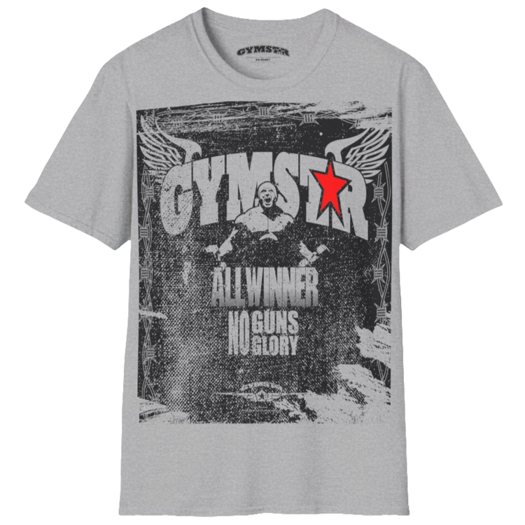 A silver grey Gymstar tee with a red and black graphic that reads 'No Guns No glory' and has a big star and a Man lifting dumbbellsl, presumably bodybulding or fitness. Front view.