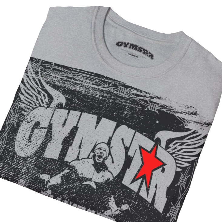 A silver grey Gymstar tee with a red and black graphic that reads 'No Guns No glory' and has a big star and a Man lifting dumbbellsl, presumably bodybulding or fitness. Close up view.