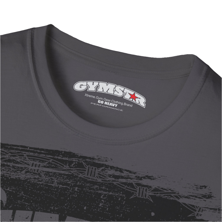 A navy blue Gymstar tee with a red and black graphic that reads 'No Guns No glory' and has a big star and a Man lifting dumbbellsl, presumably bodybulding or fitness. Logo Close up view.