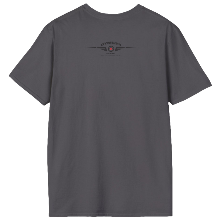 A sport grey Gymstar tee with a red and black graphic that reads 'No Guns No glory' and has a big star and a Man lifting dumbbellsl, presumably bodybulding or fitness. Rear  view.