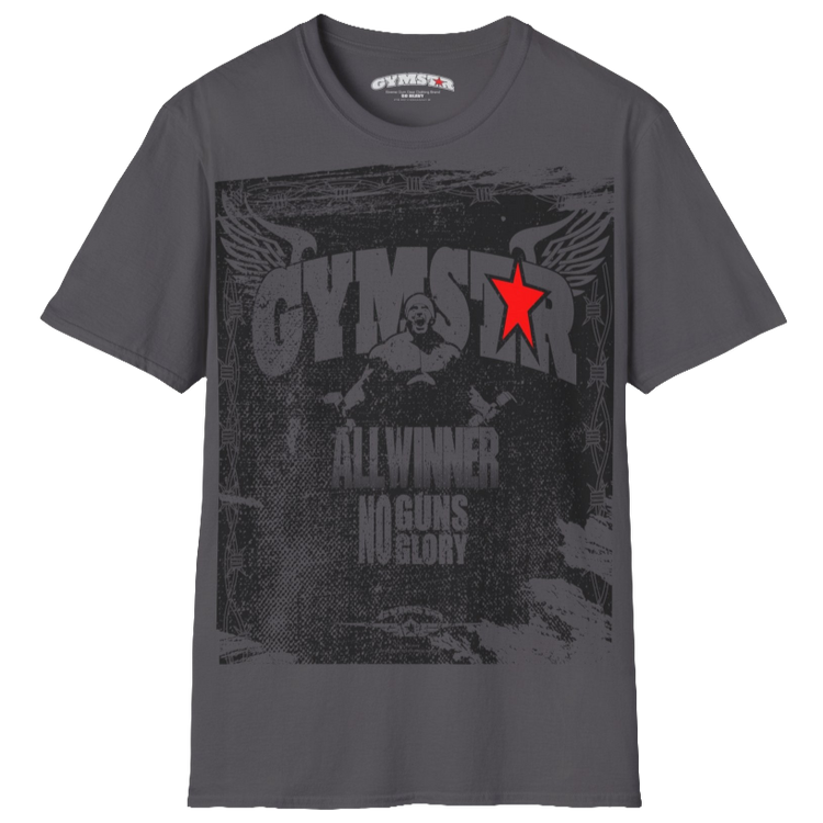 A sport grey Gymstar tee with a red and black graphic that reads 'No Guns No glory' and has a big star and a Man lifting dumbbellsl, presumably bodybulding or fitness. Front view.