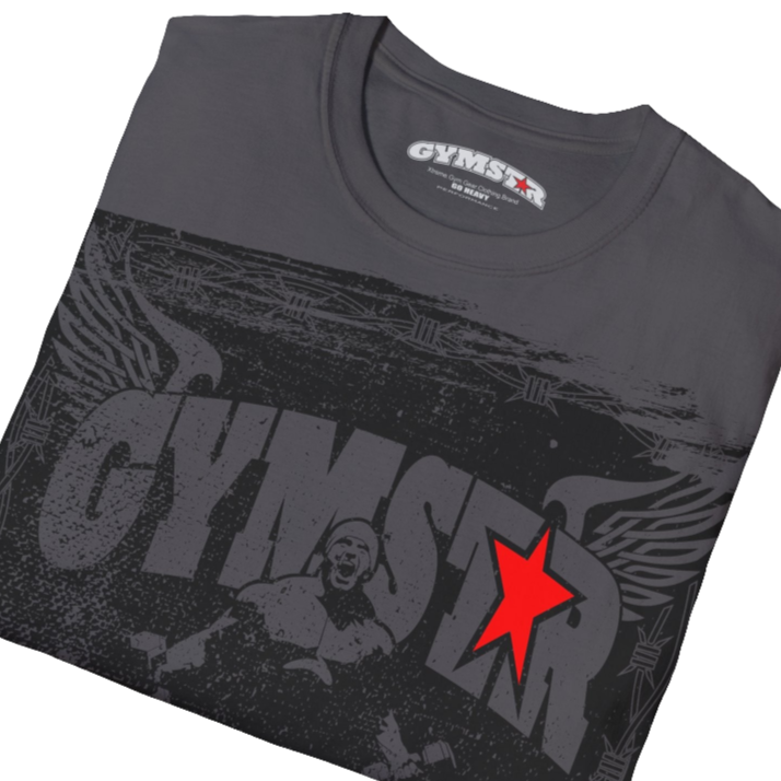A navy blue Gymstar tee with a red and black graphic that reads 'No Guns No glory' and has a big star and a Man lifting dumbbellsl, presumably bodybulding or fitness.  Close up view.