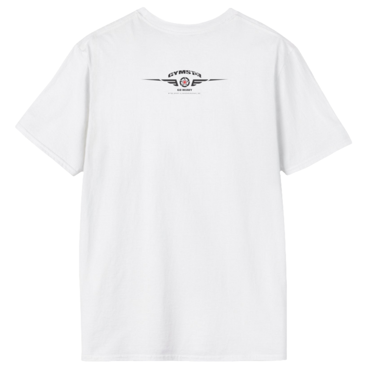 A white Gymstar tee with a red and black graphic that reads 'No Guns No glory' and has a big star and a Man lifting dumbbellsl, presumably bodybulding or fitness. Rear view.