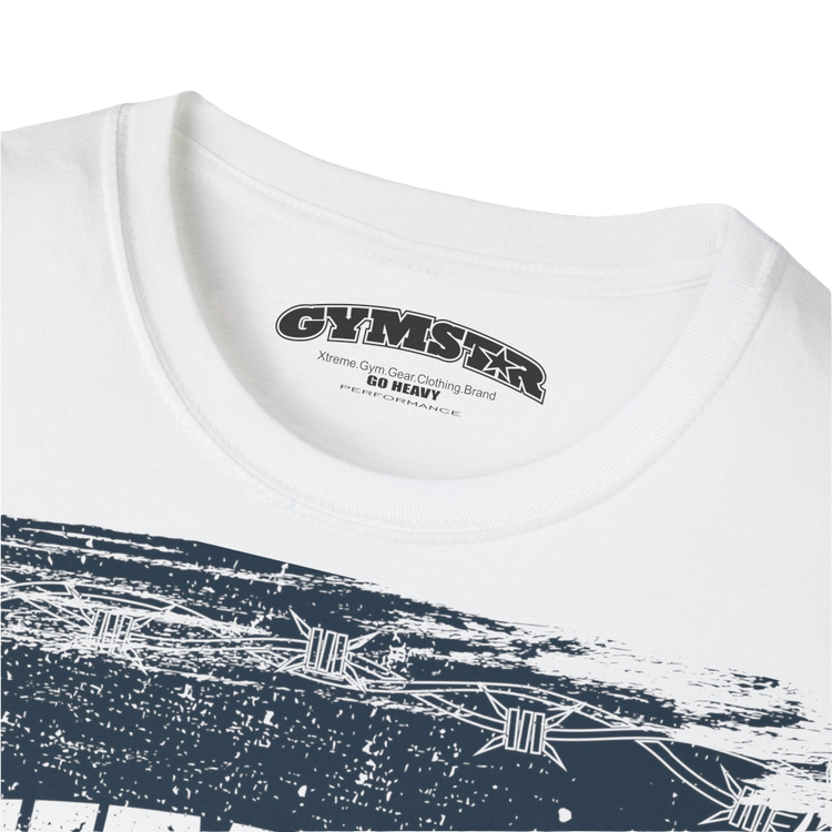 A white Gymstar tee with a red and black graphic that reads 'No Guns No glory' and has a big star and a Man lifting dumbbellsl, presumably bodybulding or fitness. Logo Close up view.