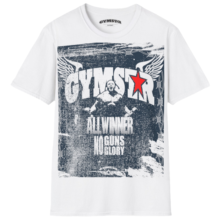 A white Gymstar tee with a red and black graphic that reads 'No Guns No glory' and has a big star and a Man lifting dumbbellsl, presumably bodybulding or fitness. Front view.