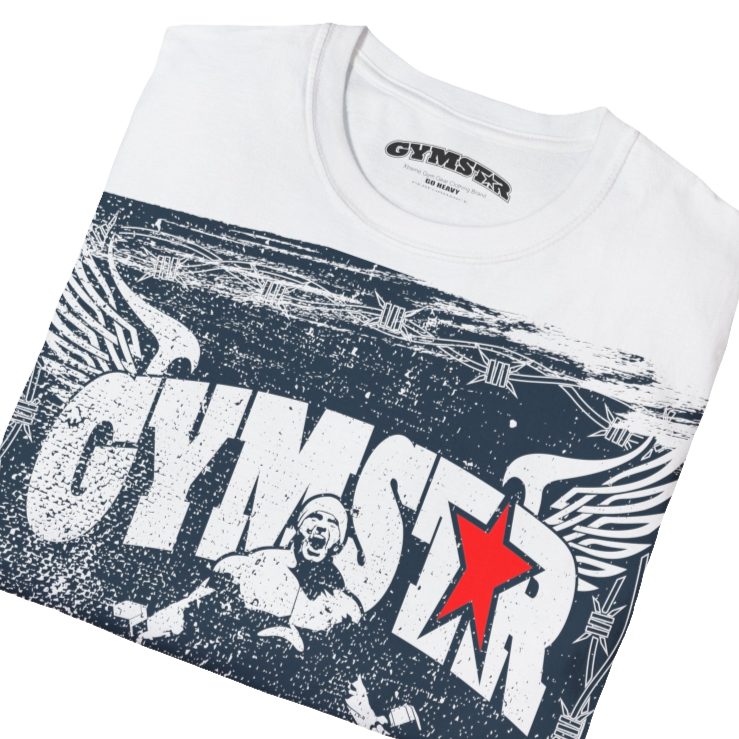 A white Gymstar tee with a red and black graphic that reads 'No Guns No glory' and has a big star and a Man lifting dumbbellsl, presumably bodybulding or fitness.  Close up view.