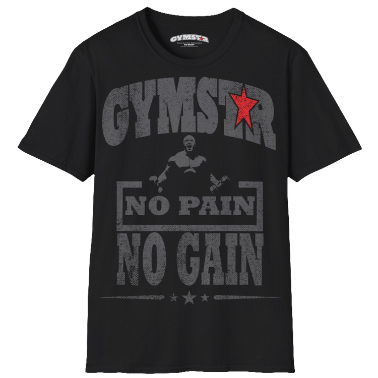 A  black Gymstar t-shirt with a graphic print No Pain No Gain and a bodybuilder in the center, designed for fitness and sports. Front view.