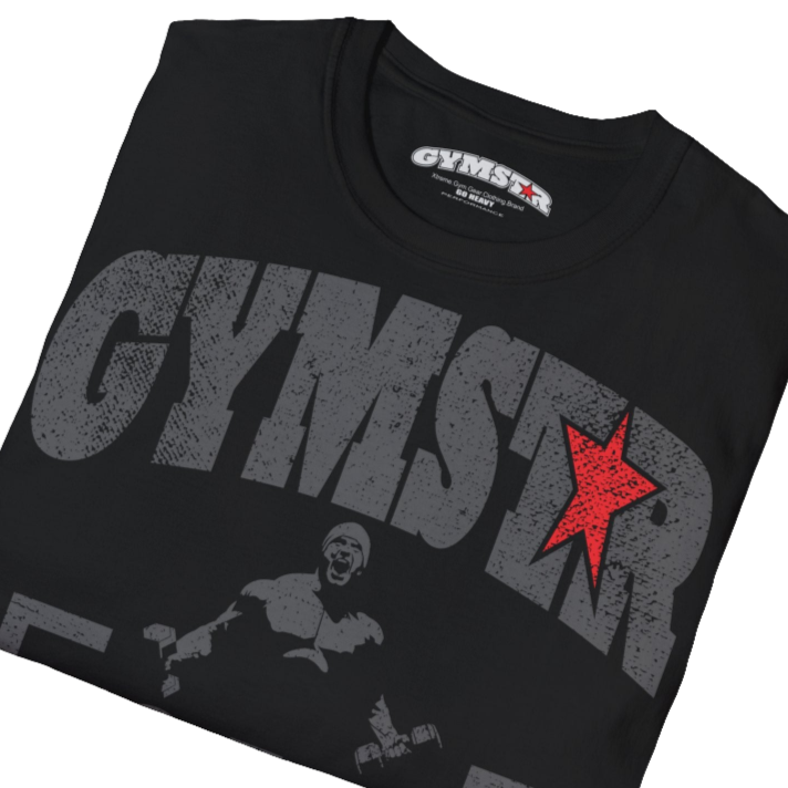 A  black Gymstar t-shirt with a graphic print No Pain No Gain and a bodybuilder in the center, designed for fitness and sports. Front  close up view.