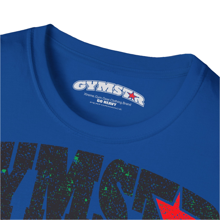 A  blue Gymstar t-shirt with a graphic print No Pain No Gain and a bodybuilder in the center, designed for fitness and sports. Front logo close up view.