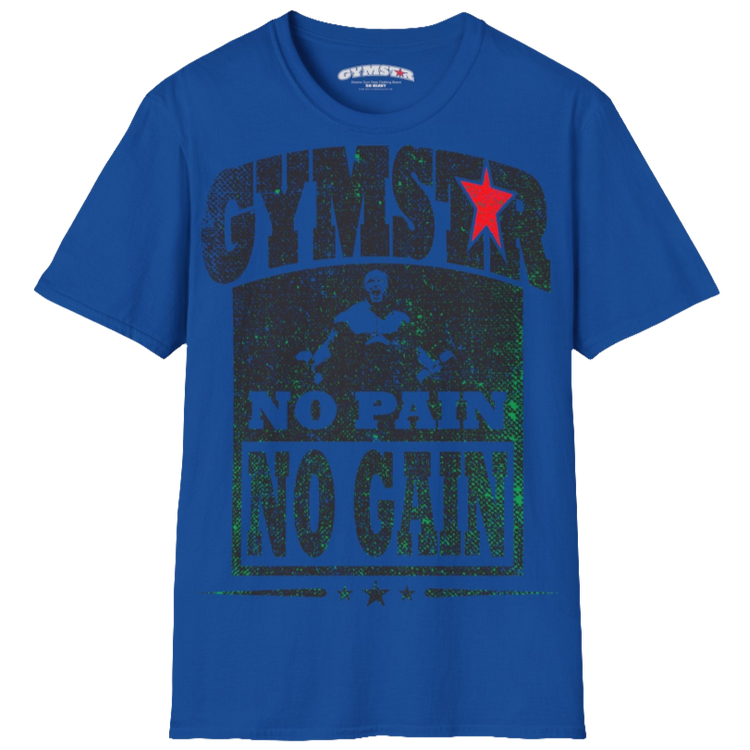 A  blue Gymstar t-shirt with a graphic print No Pain No Gain and a bodybuilder in the center, designed for fitness and sports. Front view.