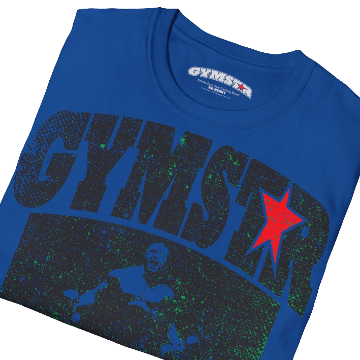 A  blue Gymstar t-shirt with a graphic print No Pain No Gain and a bodybuilder in the center, designed for fitness and sports. Front close up view.