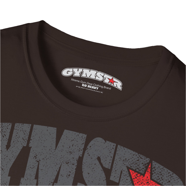 A  brown Gymstar t-shirt with a graphic print No Pain No Gain and a bodybuilder in the center, designed for fitness and sports. Front logo close up view.
