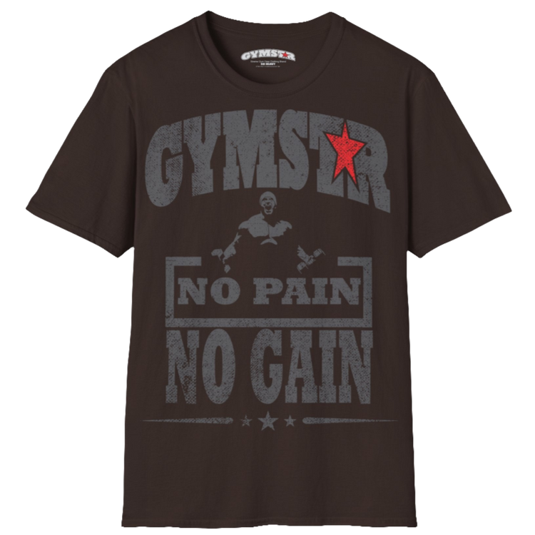 A  broun Gymstar t-shirt with a graphic print No Pain No Gain and a bodybuilder in the center, designed for fitness and sports. Front view.
