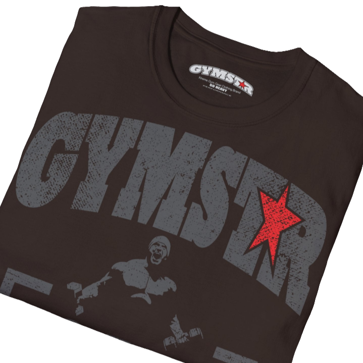 A  brown Gymstar t-shirt with a graphic print No Pain No Gain and a bodybuilder in the center, designed for fitness and sports. Front close up view.