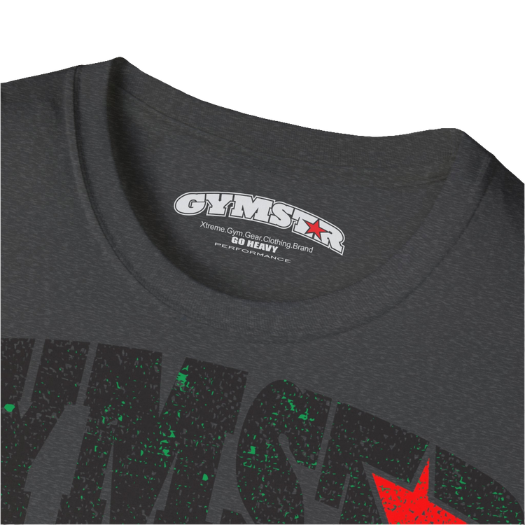A  grey Gymstar t-shirt with a graphic print No Pain No Gain and a bodybuilder in the center, designed for fitness and sports. Front logo close up view.