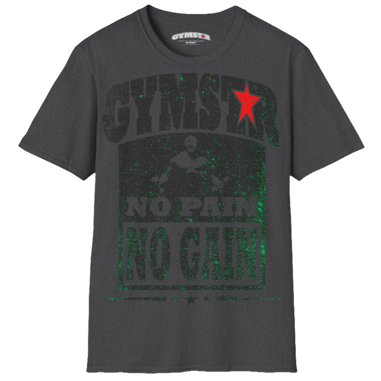 A  grey Gymstar t-shirt with a graphic print No Pain No Gain and a bodybuilder in the center, designed for fitness and sports. Front view.