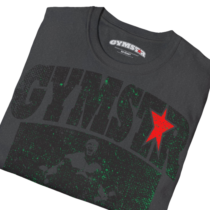 A  grey Gymstar t-shirt with a graphic print No Pain No Gain and a bodybuilder in the center, designed for fitness and sports. Front  close up view.