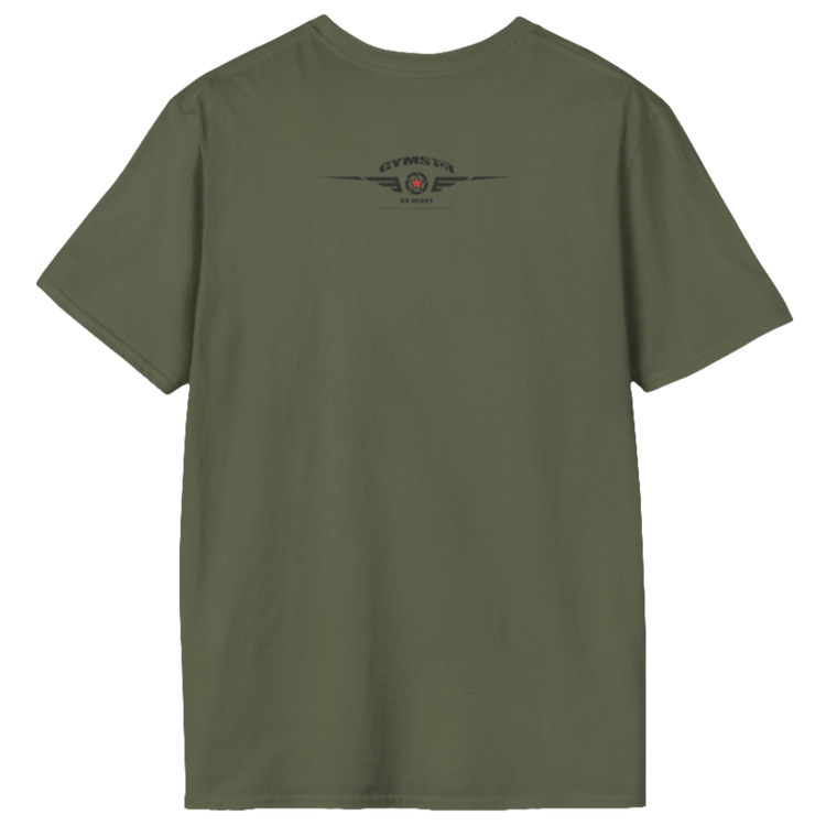 A  military green Gymstar t-shirt with a graphic print No Pain No Gain and a bodybuilder in the center, designed for fitness and sports. Rare view.