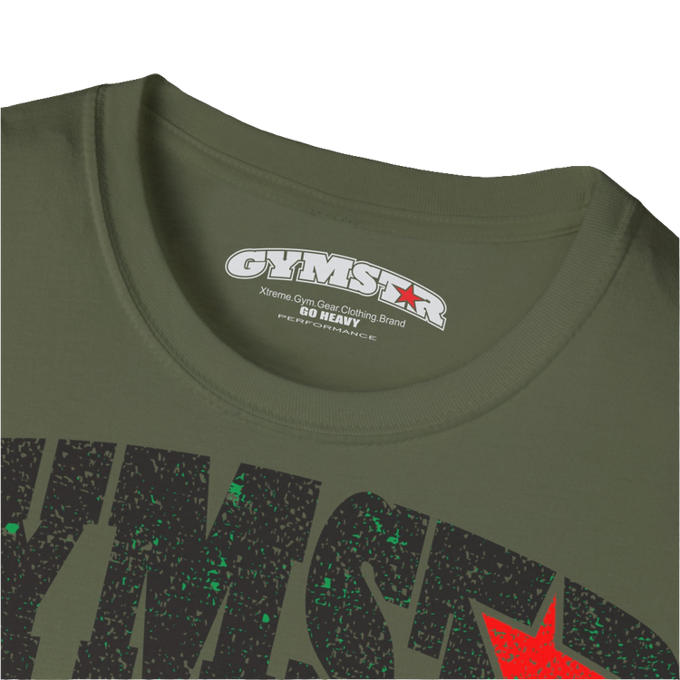 A  military green Gymstar t-shirt with a graphic print No Pain No Gain and a bodybuilder in the center, designed for fitness and sports. Front logo close up view.