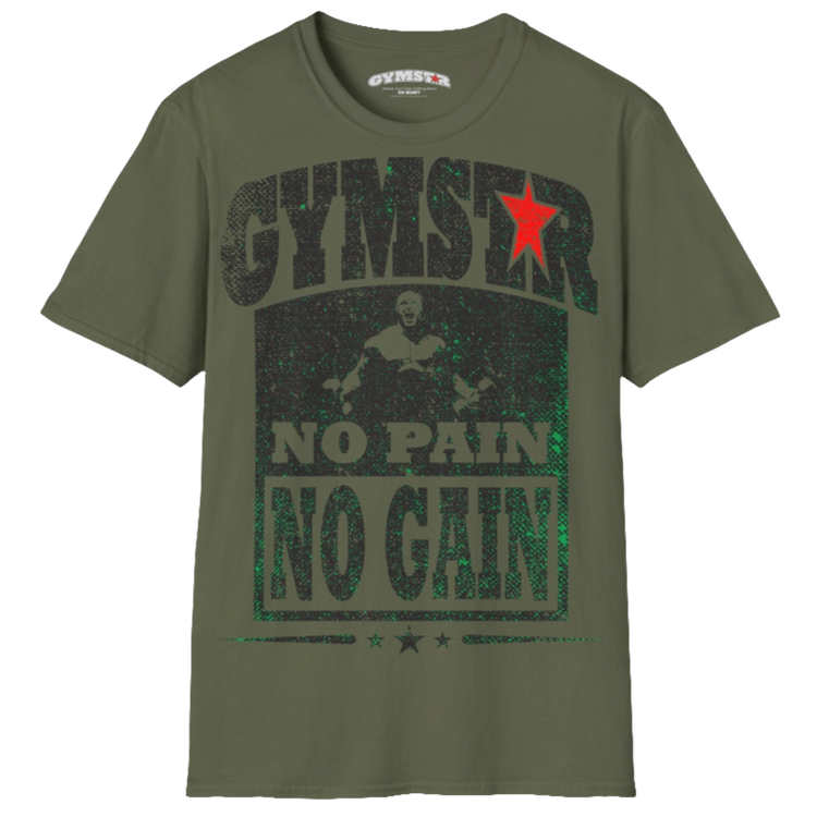 A  military green Gymstar t-shirt with a graphic print No Pain No Gain and a bodybuilder in the center, designed for fitness and sports. Front view.