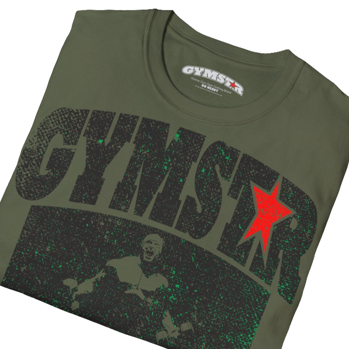 A  military green Gymstar t-shirt with a graphic print No Pain No Gain and a bodybuilder in the center, designed for fitness and sports. Front  close up view.