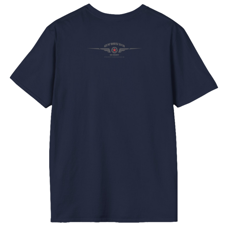 A  deep navy Gymstar t-shirt with a graphic print No Pain No Gain and a bodybuilder in the center, designed for fitness and sports. Rear view.