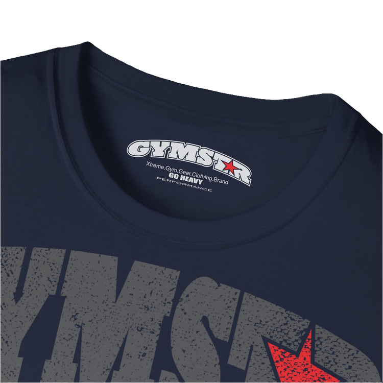 A  deep navy Gymstar t-shirt with a graphic print No Pain No Gain and a bodybuilder in the center, designed for fitness and sports. Front logo close up view.