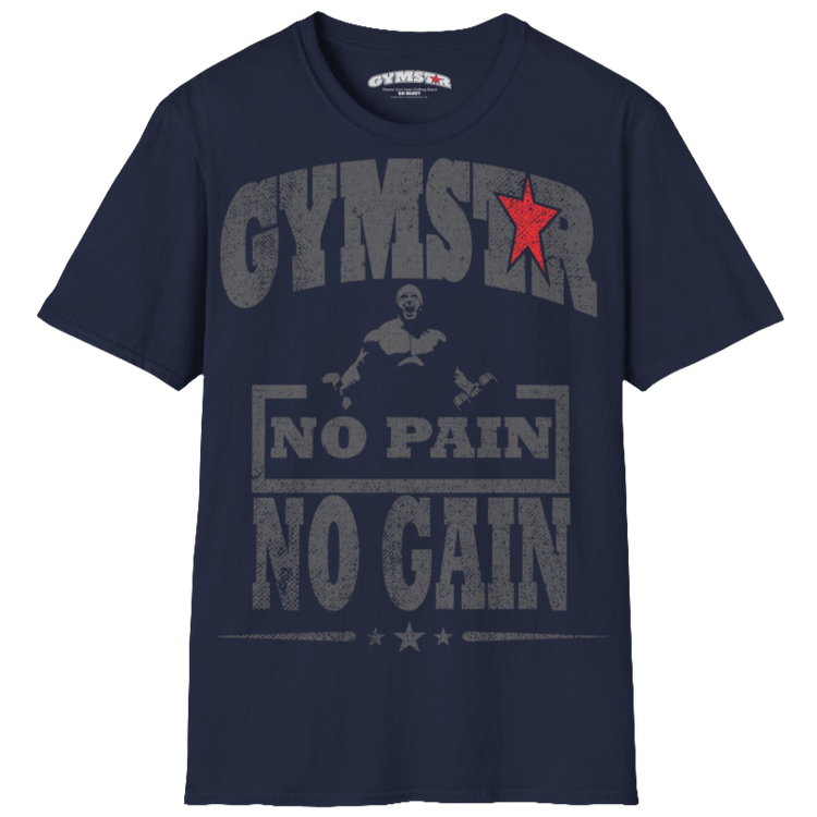 A  deep navy Gymstar t-shirt with a graphic print No Pain No Gain and a bodybuilder in the center, designed for fitness and sports. Front view.