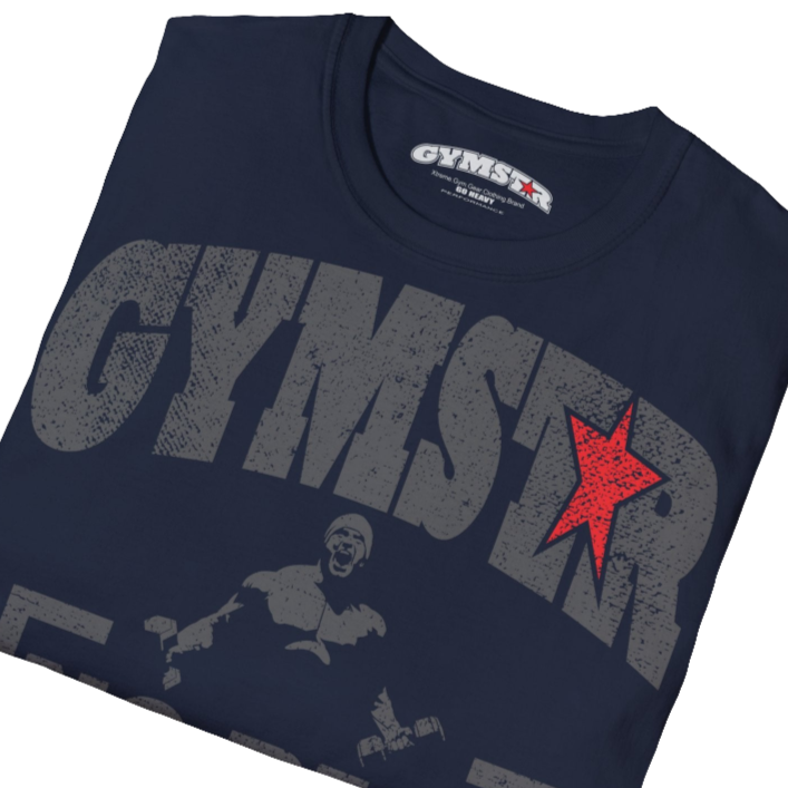A  deep navy Gymstar t-shirt with a graphic print No Pain No Gain and a bodybuilder in the center, designed for fitness and sports. Front  close up view.