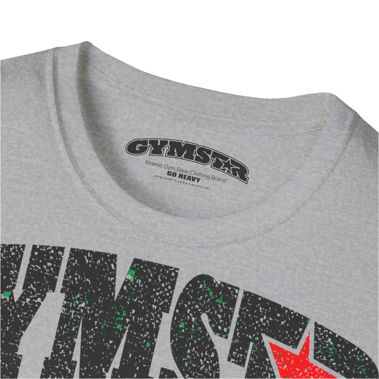 A  silver grey Gymstar t-shirt with a graphic print No Pain No Gain and a bodybuilder in the center, designed for fitness and sports. Front logo close up view.