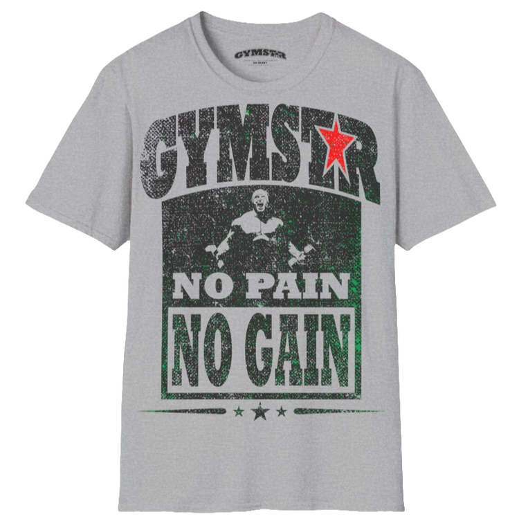 A  silver grey Gymstar t-shirt with a graphic print No Pain No Gain and a bodybuilder in the center, designed for fitness and sports. Front view.