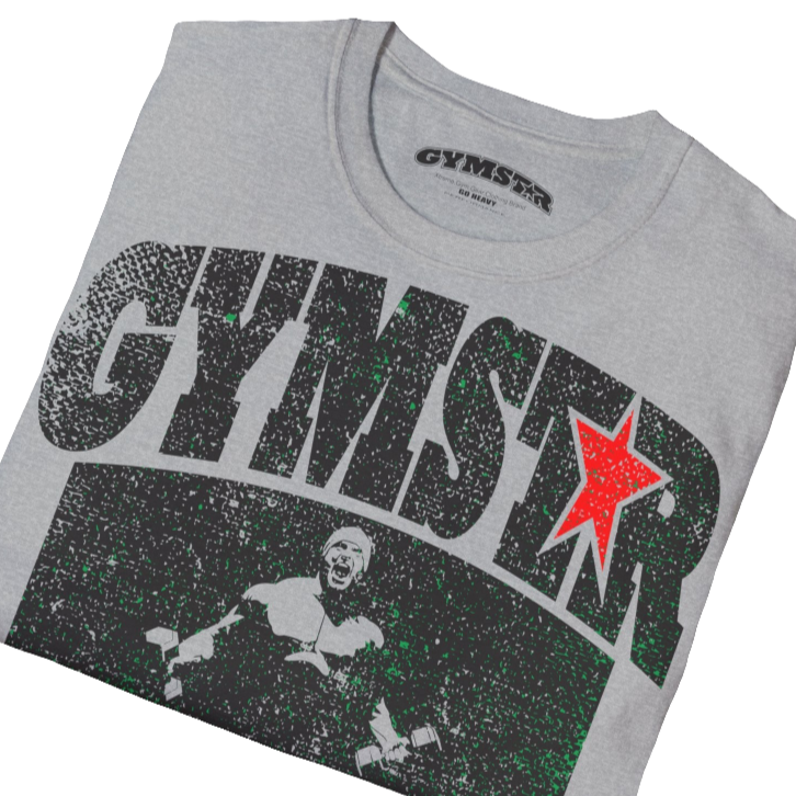 A  silver grey Gymstar t-shirt with a graphic print No Pain No Gain and a bodybuilder in the center, designed for fitness and sports. Front  close up view.
