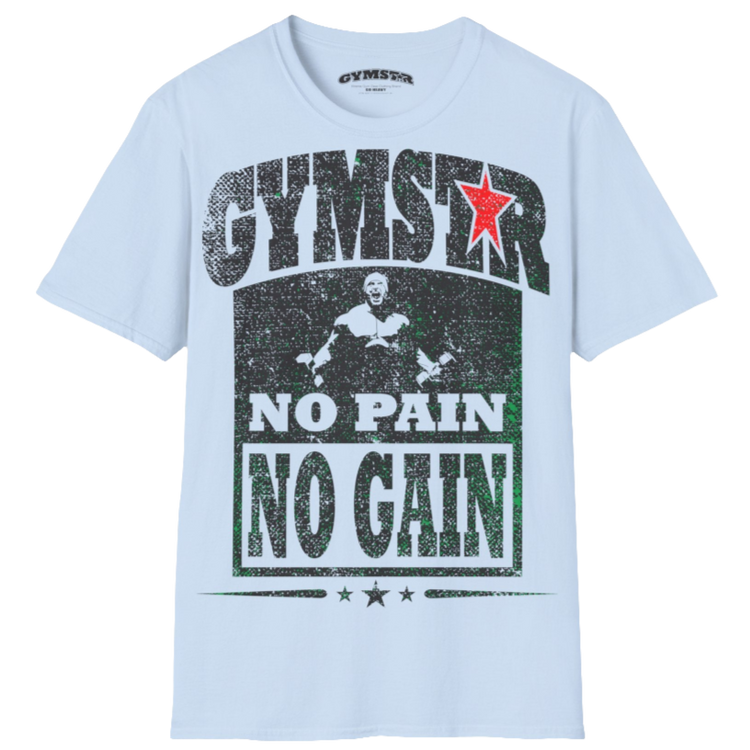 A  carolina blue Gymstar t-shirt with a graphic print No Pain No Gain and a bodybuilder in the center, designed for fitness and sports. Front view.