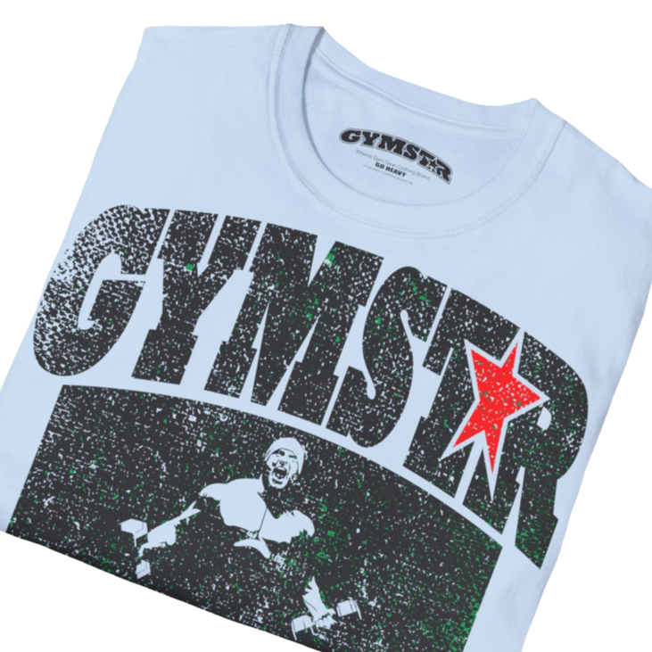 A  carolina blue Gymstar t-shirt with a graphic print No Pain No Gain and a bodybuilder in the center, designed for fitness and sports. Front  close up view.